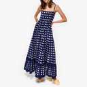 Women's Plaid Long Dress Spaghetti Strap Square Neck Ruffle Hem Swing A Line Summer Party Beach Slip Maxi Dress (Blue, M)