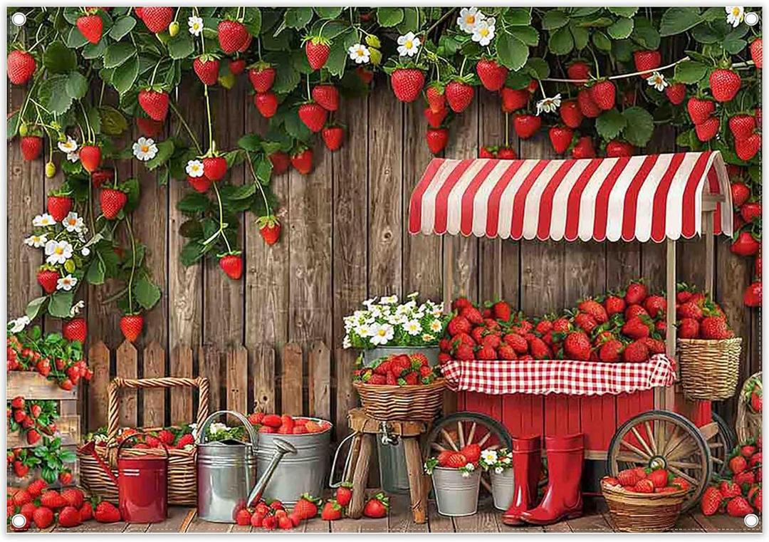 7x5ft Fabric Wooden Board Strawberry Backdrop Red Sweet Fruit Farm Market Stall Fence Photography Background Women Girls Birthday Party Decorations Photo Props