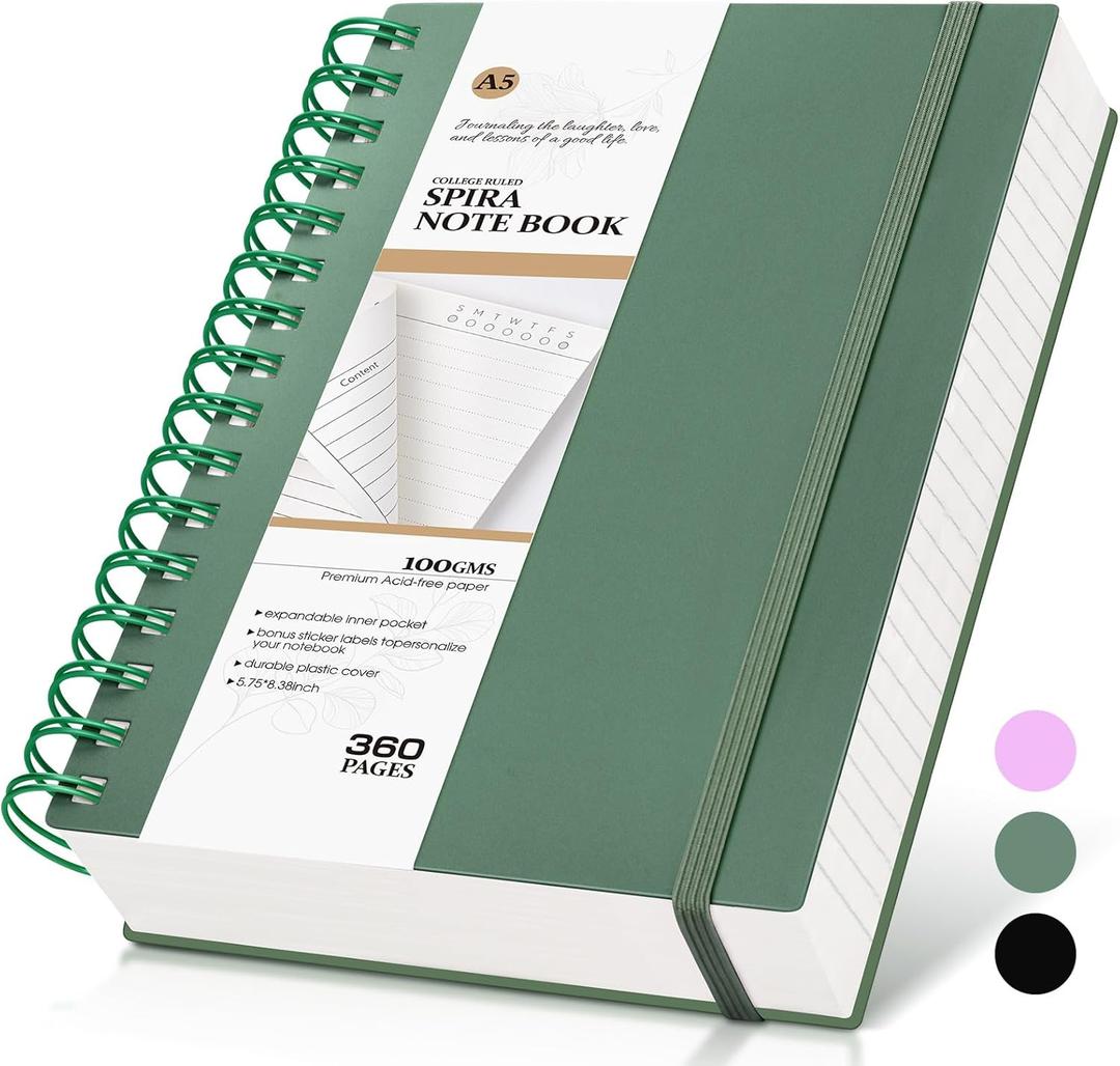 MUAHLIUB Spiral Notebook Journal,360 Pages College Ruled Notebook, Lined Thick Journals for Women Men,A5 Thick Spiral Journal for Writing,100GSM Paper, Spiral Notebooks for Work School 5.5"x8.5" Green