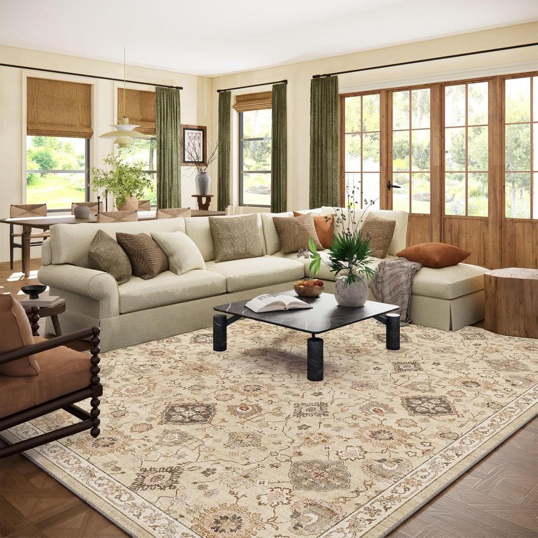 Machine Washable Rug for Living Room: 8x10 Area Rugs Boho Vintage Rug Stain Resistant Non Slip Low Pile Soft Lightweight Carpets for Bedroom Kitchen Dining Room Nursery Kids Room Farmhouse (Beige and Cream)