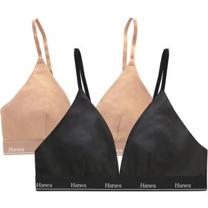Hanes Women's Originals Triangle Bralette Pack, Breathable Stretch Cotton Bras, 2-Pack (X-Large, Black/Deep Glow)