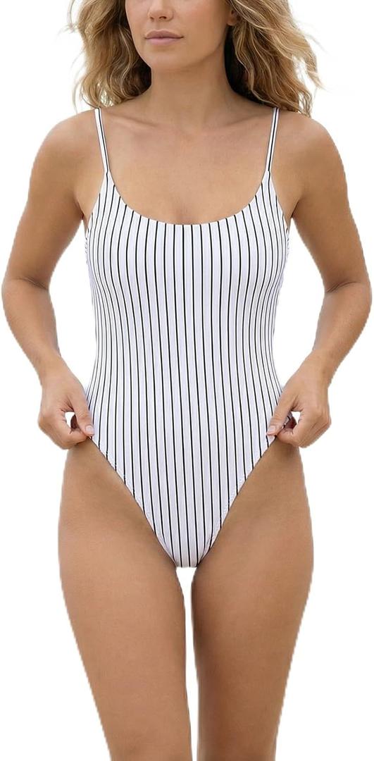 Women's Sexy One Piece Bathing Suit Swimsuit High Cut Leg Cheeky Coverage, Adjustable Thin Strap (White, XS)