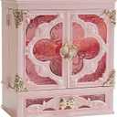 Lighted Vanity Makeup Organizer with Mirror, Large Vintage Cosmetic Storage Box with Drawers, Waterproof Dustproof Skincare & Beauty Organizer for Bathroom Counter, Gift for Women (Pink)
