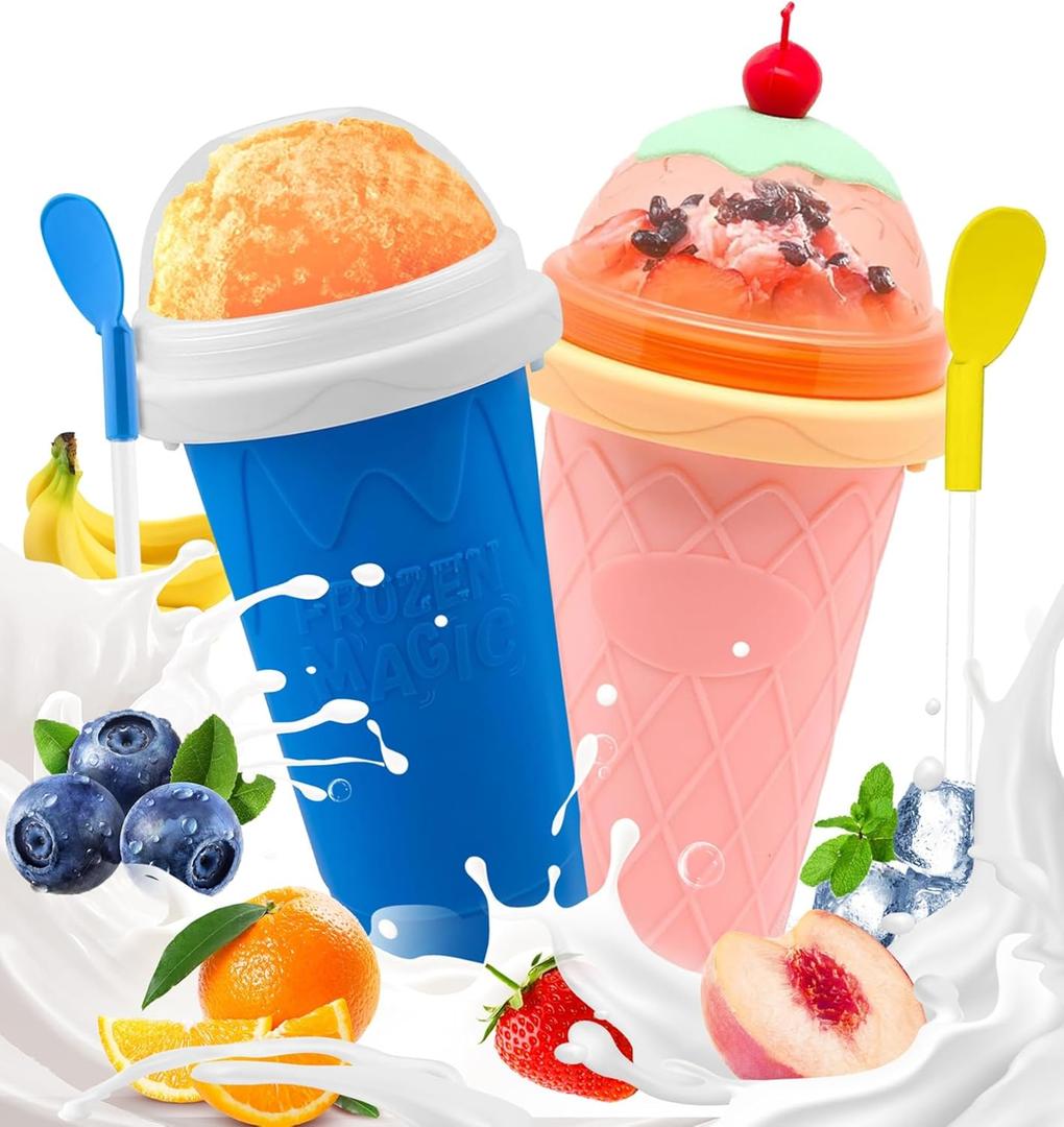 FANS-ONE Slushie Cup, 2 Pack Slushy Maker Cups, DIY Magic Squeeze Cups for Juice Milk Yogurt Make, Portable Double Layer Cup with Lid & Straw Cool Stuff Things for Kids Friends Family (Blue+New Pink)