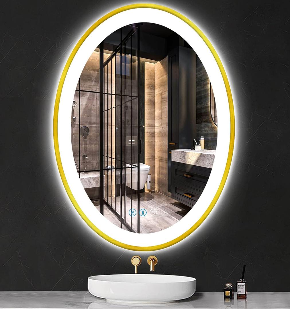30 x 20 Inch Oval LED Bathroom Mirror, Gold Frame, 3 Color Front Lights, Anti-Fog, Wall Mount