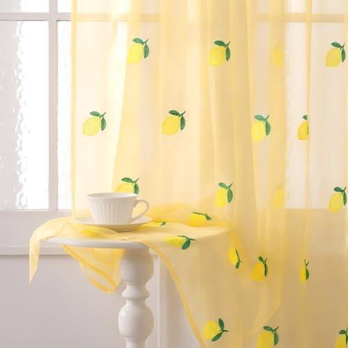 Tegeme 2 Panels Lemon Sheer Curtains 84 Inches Long Embroidered Yellow Voile Curtains Decorative Farmhouse Lemon Sheer Shades Faux Linen Semi Window Decor for Home Party Office