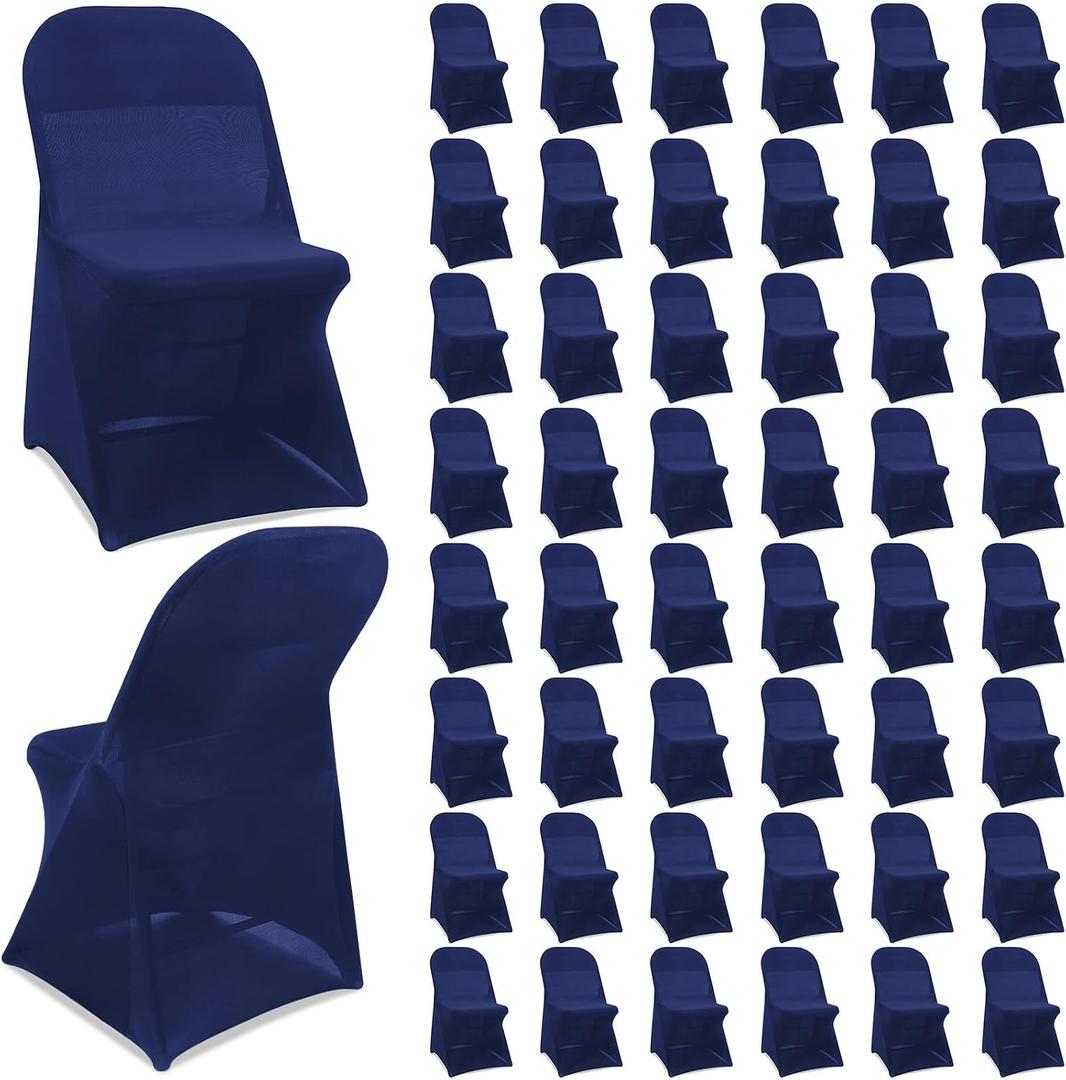 Newwiee 50 Pcs Spandex Chair Covers Bulk - Stretch Folding Flat Front Fitted Universal Chair Protector Pack Removable Washable for Wedding Party Dining Banquet Event (Navy Blue)