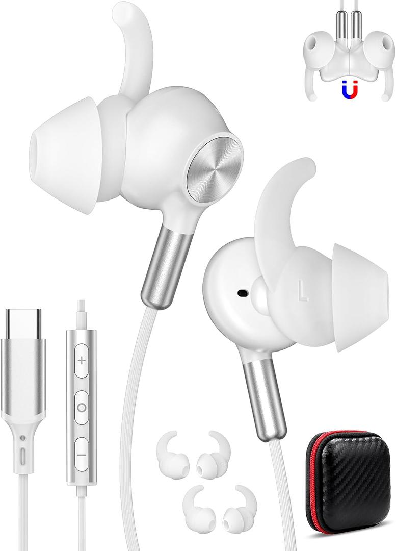 COOYA USB C Headphones Sports Wired Earbuds for iPhone 17 16, HiFi Stereo | 13mm Dynamic Driver Sweatproof Type-C in-Ear Earphones with Mic No Latency Game Ear Buds for Samsung S26 S25 S23 White