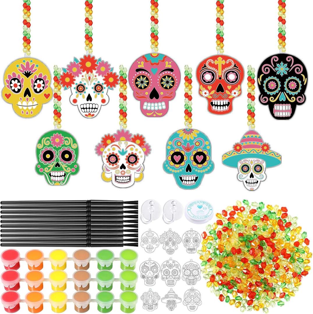 Pasimy 36 Sets Day of The Dead Suncatchers Paint Craft Kits Dia De Los Muertos Window Hanging Ornaments Decorations DIY Paint Your Own Sugar Skull Skeleton Art Project Halloween Party Favors Gifts