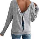 SOLY HUX Women's Twist Open Back Tops Cut Out Tee Backless Casual Long Sleeve Round Neck T Shirt (Pure Grey)