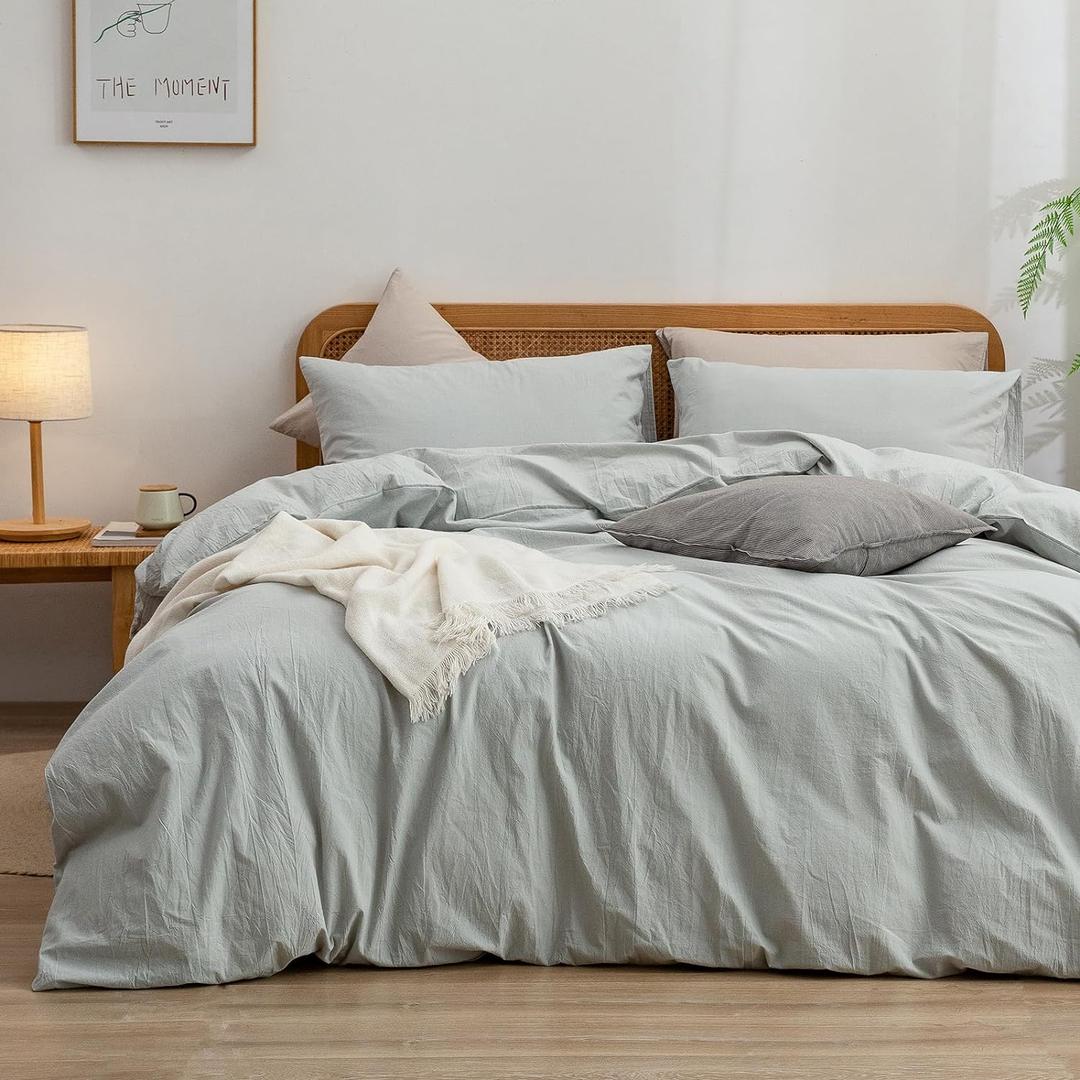 BESTOUCH Duvet Cover Set 100% Washed Cotton Linen Feel Super Soft Comfortable Chic Lightweight 3 PCs Home Bedding Set Solid Northern Droplet Grey Oversized King (Oversized King (120" x 98"), Northern Droplet Grey (No Comforter))