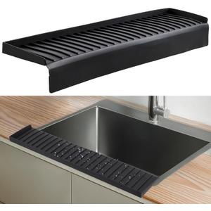 Sink Edge Protector with Suction Cup 4"x14", Silicone Sink Splash Guard for Kitchen & Bathroom, Protect Countertop from Scratches, Stains, for Stainless Steel Granite Quartz-Black