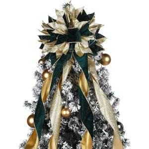 Willbond Velvet Christmas Tree Topper Bow 11.8 x 44.5 Inches Large Christmas Bow with Gold Glitter Streamer and Light String for Xmas Tree Christmas Home Decoration (Green)