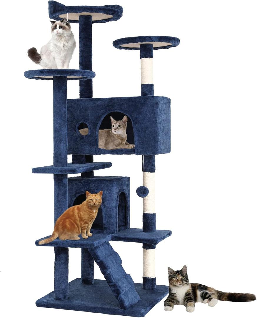BestPet 54in Cat Tree Tower for Indoor Cats,Multi-Level, Furniture Activity Center with Scratching Posts Stand House Cat Condo with Funny Toys for Kittens Pet Play House,Navy Blue
