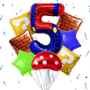Blue Red Number Balloon Set Birthday Decor, Include 40 Inch Blue Red Number 5 Balloon, Mushroom Foil Balloon, Square and Star Foil Balloons for Birthday Decoration Supplies (Number 5)