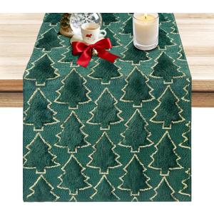 Merry Christmas Table Runner 13x72 Inch Soft Plush Faux Fur Jacquard Green Christmas Tree Xmas Decorations Winter Holiday Christmas Runner for Table Home Kitchen Dining Room Decor