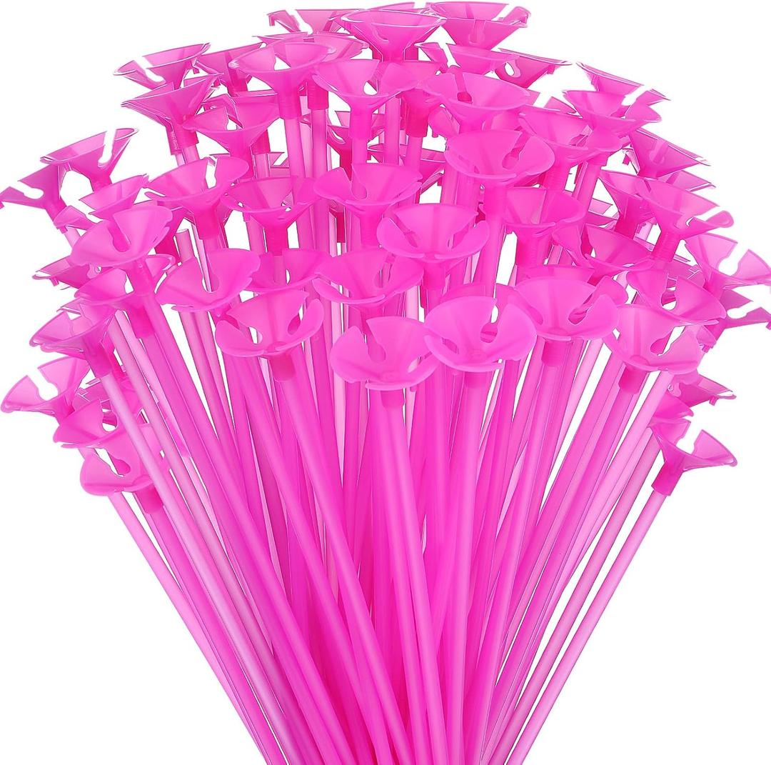 100 Pcs 12.6 Inch Balloon Sticks Plastic Balloon holders and Cup for Christmas New Year Birthday Party Wedding Anniversary Decorations(Rose Red)