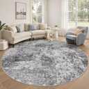 8ft Round Area Rug Living Room Rugs - 8x8 Washable Large Soft Indoor Neutral Modern Abstract Low Pile Rug Carpet for Bedroom Dining Room Farmhouse Home Office - Grey