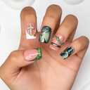 Handmade Square Press on Nails Green French Tip Short Stick on Nail 3D Silver Embossed Designs Luxury Rhinestone Pearl False Nails Muti-Layer Gel Acrylic Nails for Women Manicuare 10 Pcs（S)