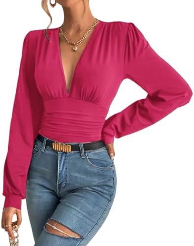 SURRO Women's Bodysuit Shirts Elegant Deep V Neck Leotard Blouses Long Sleeve Belly Hiding Tops Hook Closure Small