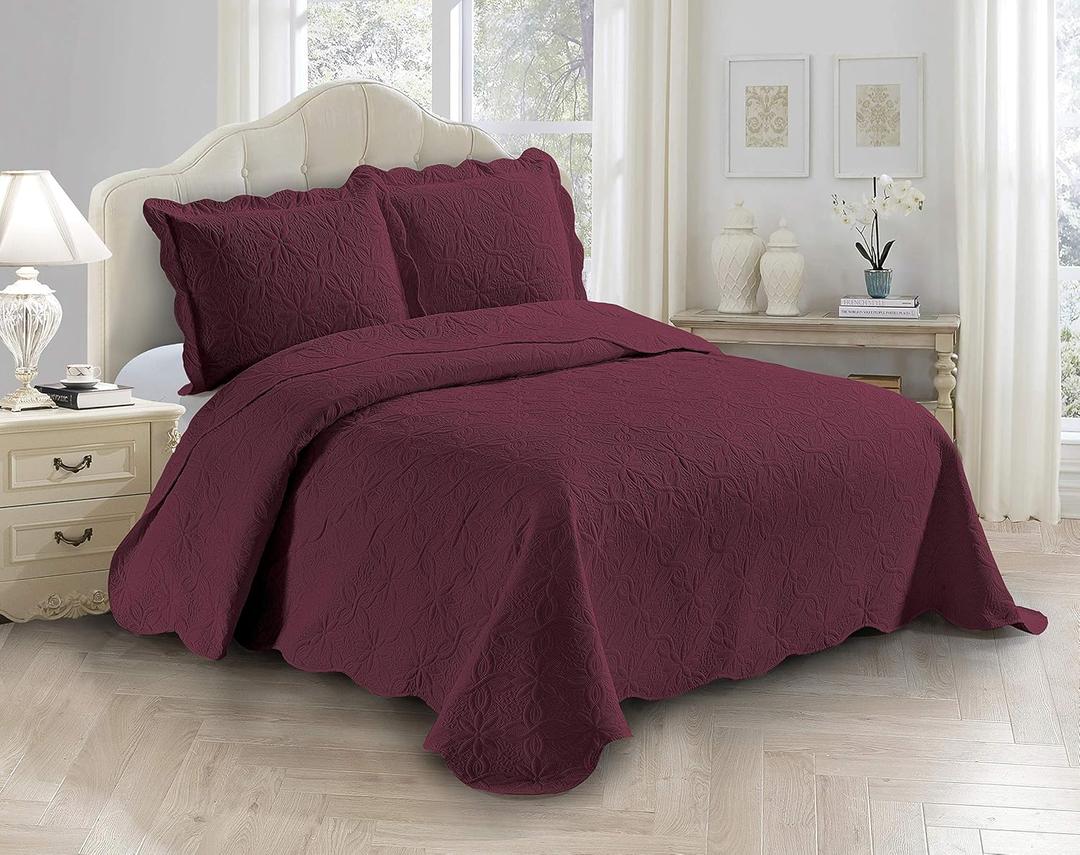 Fancy Linen 3pc Embossed Coverlet Bedspread Set Oversized Bed Cover Solid Floral Daisy Pattern New # Allis (King/California King, Burgundy)