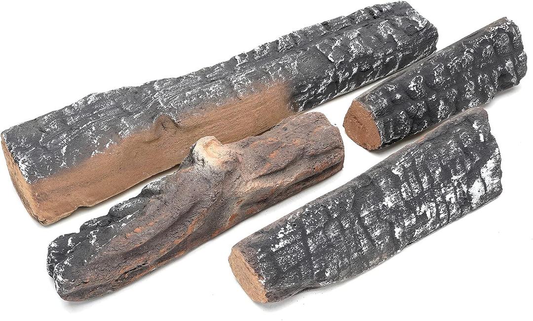 Skyflame Small Gas Fireplace Logs - 4 Pcs Ceramic Wood Logs and Accessories for All Types of Indoor Gas Inserts, Ventless, Propane, Gel, Ethanol, Electric or Outdoor Fireplaces & Fire Pits