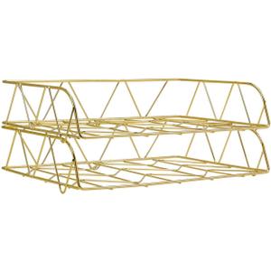 PAG 2 Packs Desktop File Organizer Metal Stackable Horizontal Letter Tray Paper Holder Rack, Gold