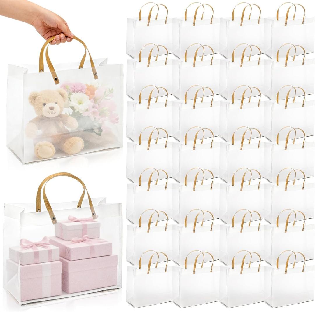 Cididu 30 Pcs Clear Plastic Gift Bags with Handles, 12.5x5.5x9.8 inch Large Tote Bag with Cardboard Bottom, Reusable Shoppping Bags for Mother's Day, Wedding, Party, Baby Shower, Boutique Packaging