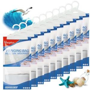Vacplus Moisture Absorbers, Hanging Closet Dehumidifier Bags, Humidity Packs, Desiccant, Closet Dehumidifiers with Ocean Breeze Fragrance, 10 Pack, 9.8 OZ