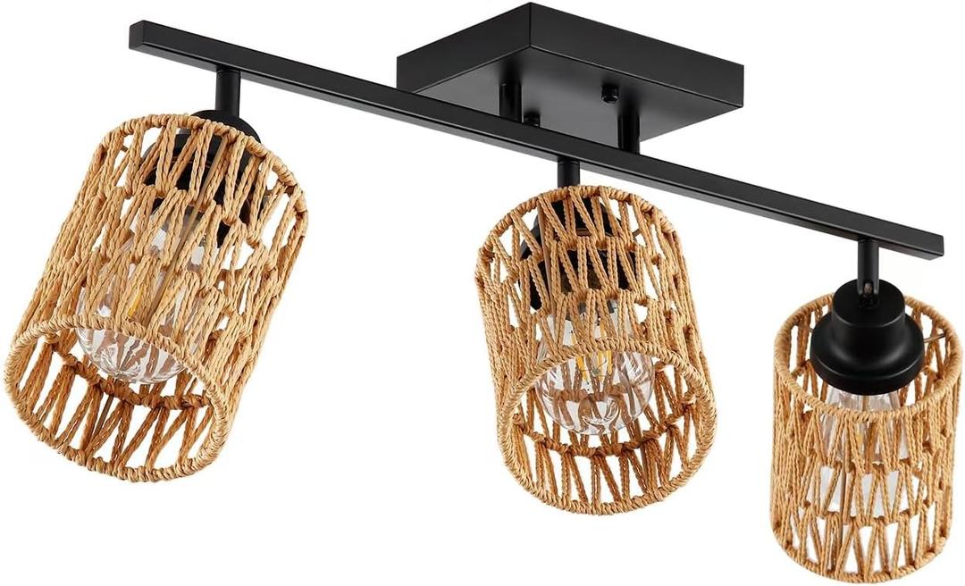 3-Light Rattan Ceiling Lighting Kits Track Lighting Fixture with Boho Farmhouse Style, Modern Bathroom Light Fixtures Black Spotlight and Rattan Shades for Kitchen Bathroom Living Room Hallway