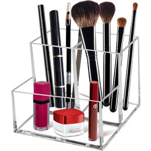 Cerpourt Clear Acrylic Makeup Brush Organizer,Multi-Purpose Cosmetic Brushes Storage Holder with 3 Slots,Pencil Pen Holder for Desk,Desk Organizer and Accessories for Vanity