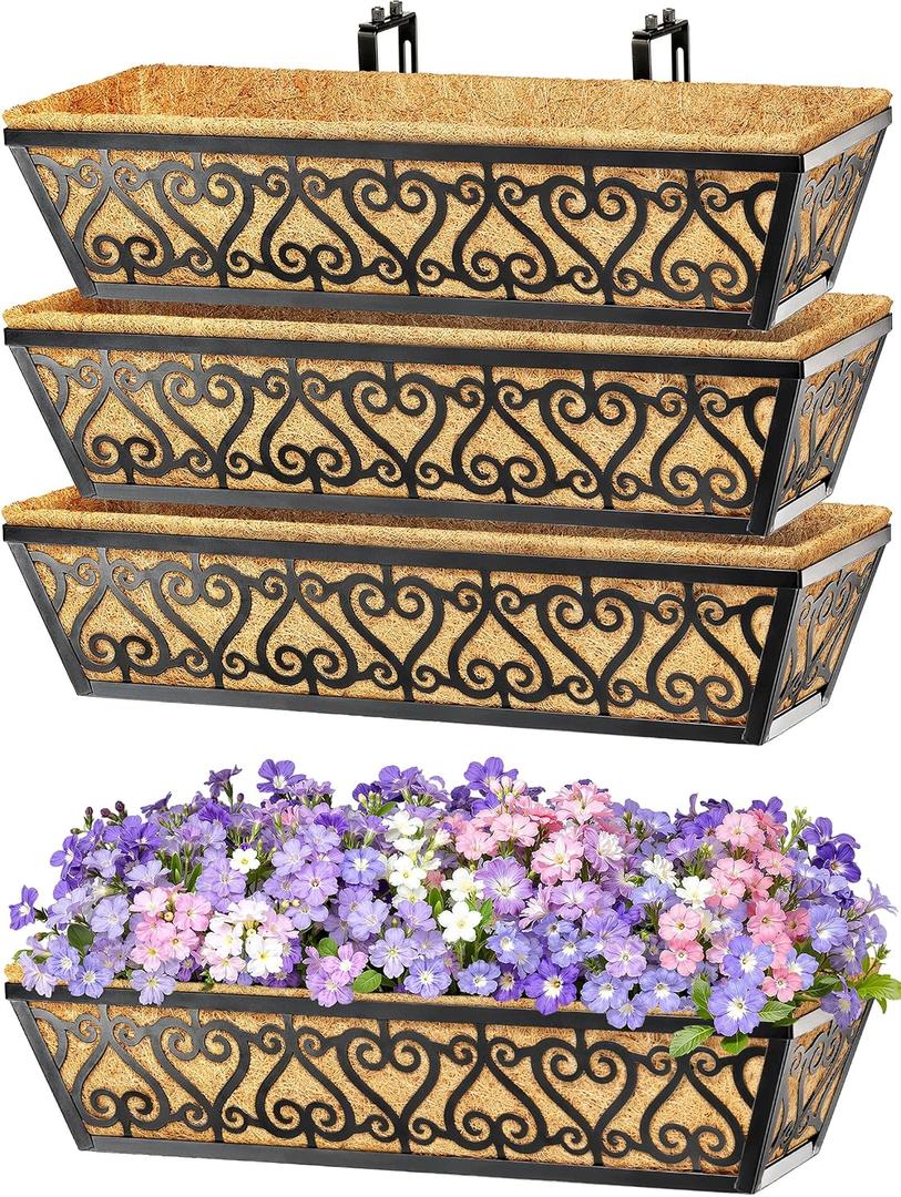 4 Pack 24 Inch Deck Railing Planter Box - Window Boxes Planters with Adjustable Brackets Coco Liners Balcony Planters Railing Hanging for Window Flower Boxes Outdoor Garden Decor