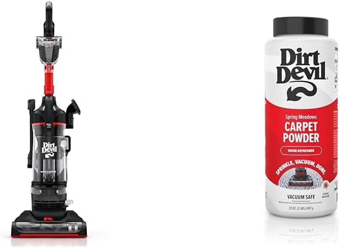 Dirt Devil Multi-Surface Rewind+ Bagless Upright Vacuum Cleaner Machine with Cord Rewind, UD76800V + 32 oz Carpet Powder, Room Refresher, Spring Meadows Scent, AD31210