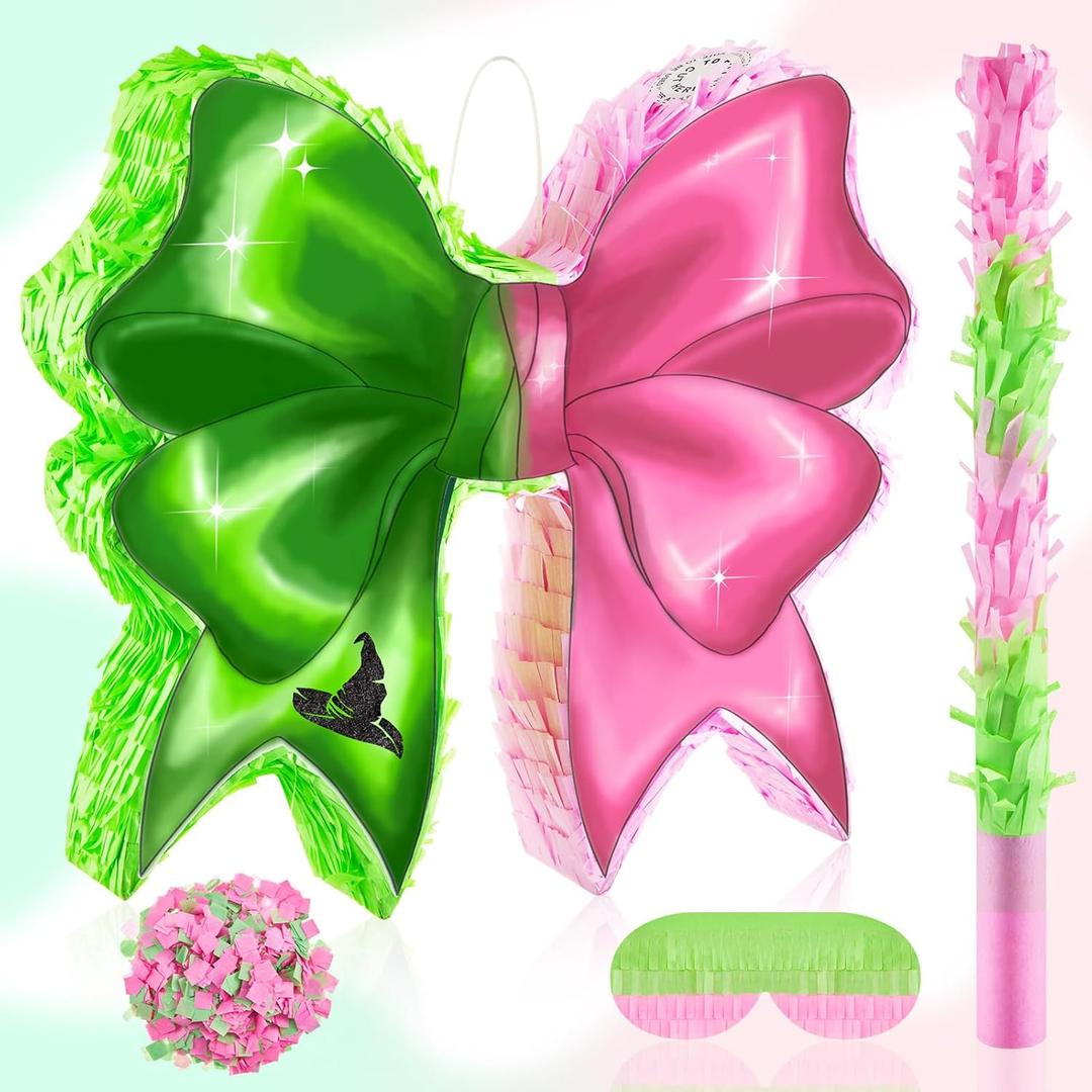 Green and Pink Bow Piata, Watercolor Witch Party Decorations Bow Piata Set with Bat Stick, Blindfold Mask and Confetti for Girls Green and Pink Birthday Party Supplies Princess Decor
