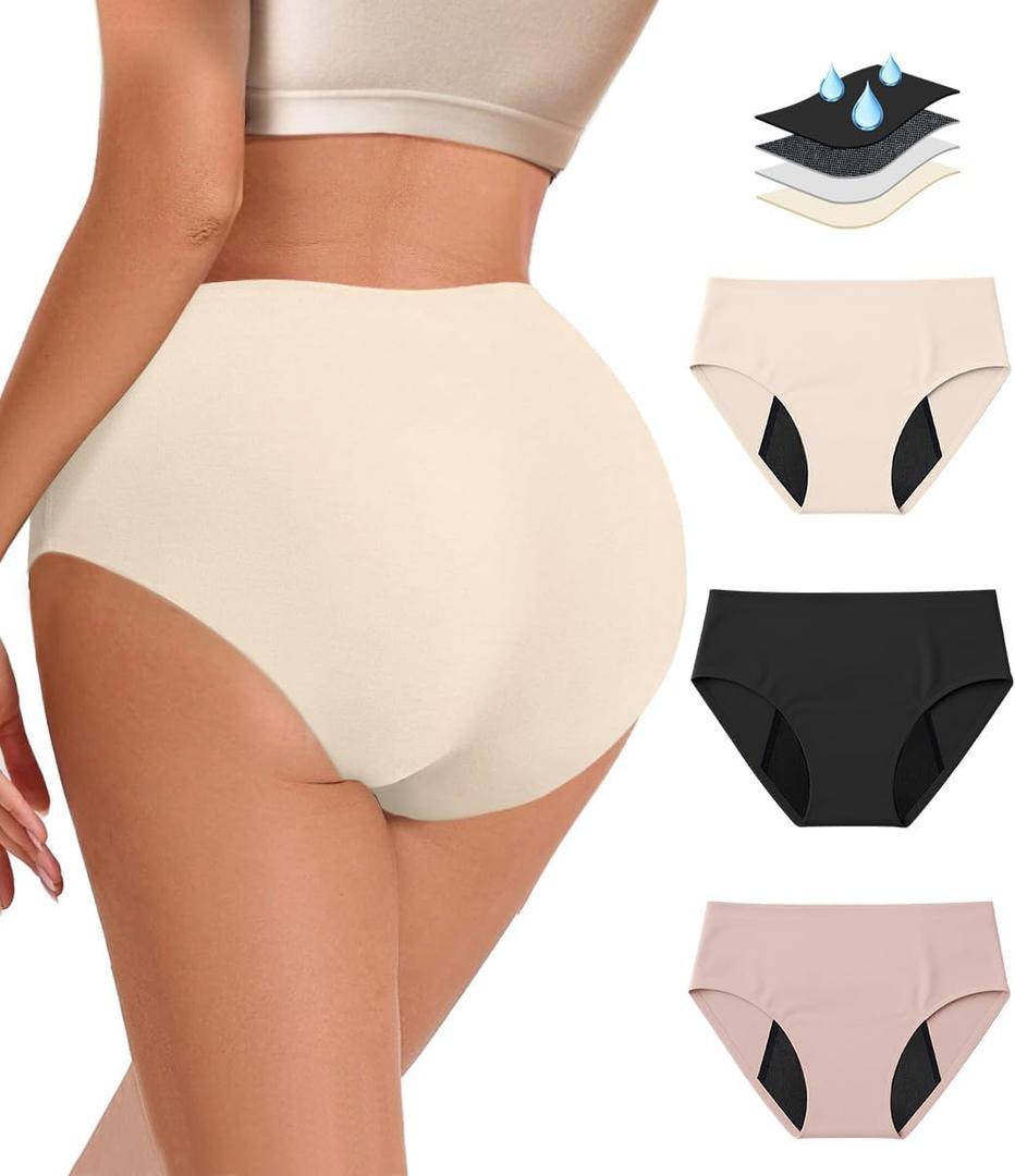 Period Underwear for Women Heavy Flow - Seamless High Waisted Leakproof Absorbent Briefs 3 Pack (XX-Large, Black+khaki+pink)