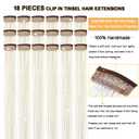 Hair Tinsel Clip in 18 Pcs Gold Clip In Tinsel Hair Extensions, Fairy Hair Tinsel Clips in Sparkly Glitter Hair Tinsel Kit Accessories for Girls Women Festival Party Daily Use (Gold-18 Pcs)