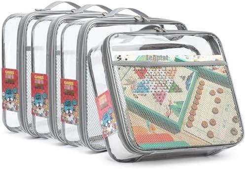 4 Pack Clear PVC Zippered Toy Storage Bags for Toy, Kids Toy, Building Blocks, Puzzle, Clay, Board Game Storage Organizer Travel Waterproof Toy Organzie With Name Tag Pocket (Gray, Large)