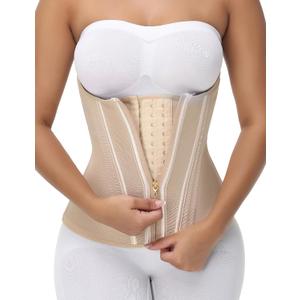 SHAPSHE Waist Trainer for Women Tummy Control Workout Waist Cincher Corset Shapewear Postpartum Body Shaper with Zipper Hook (Small, Tan-long Torso)