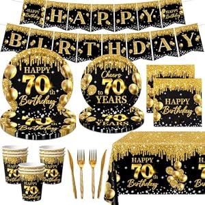 70th Birthday Decorations Tableware Set, 142Pcs Black and Gold Cheers to 70 Years 1954 Birthday Party Supplies Plates Napkins Cups Banner Tablecloth for Men Women Happy 70th Birthday Decorations