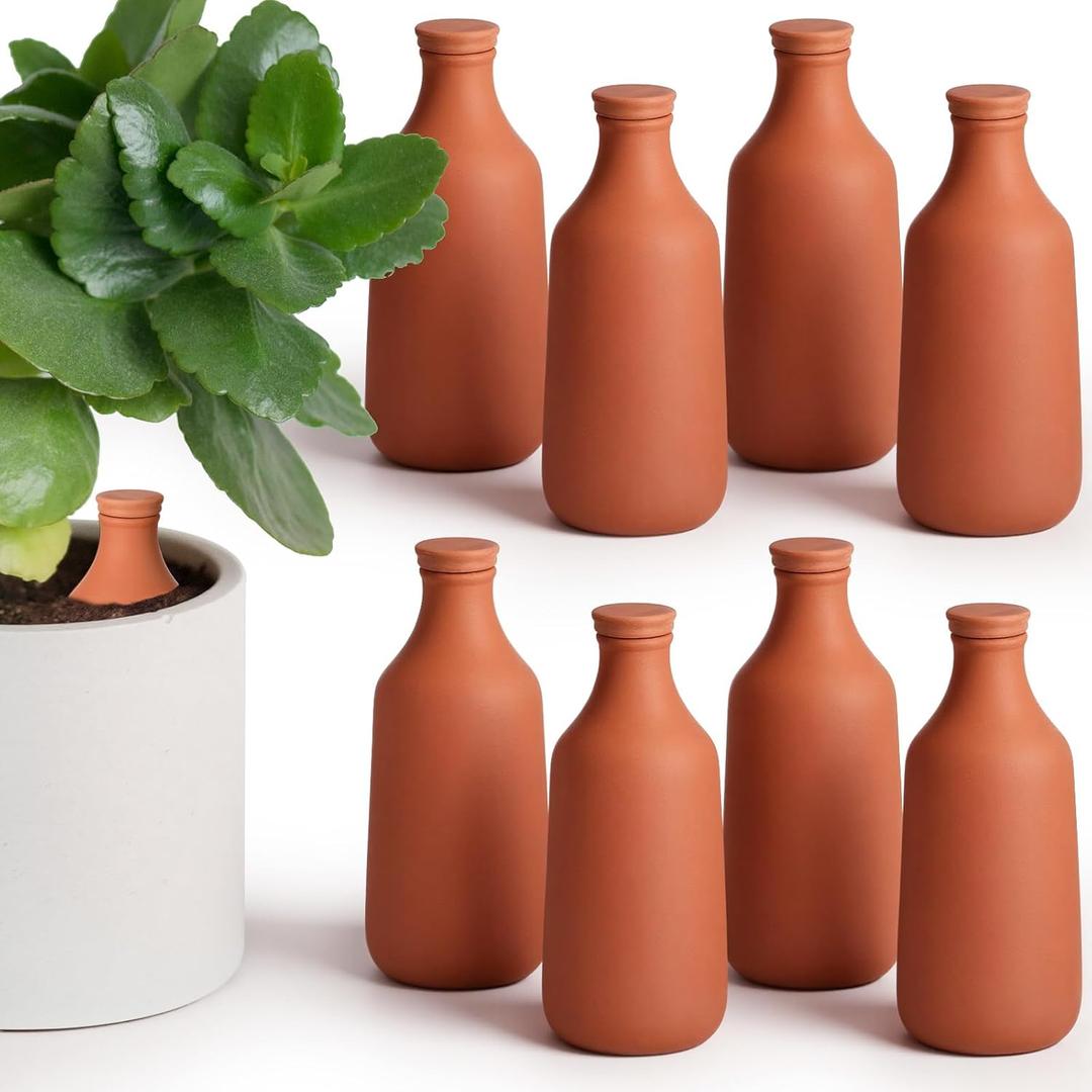 DoubleFill 8 Pcs Ollas Terracotta Watering Pots Self Watering Planter Insert Terracotta Globes Clay for Outdoor Indoor Garden Plants, Easy to Refill (24 oz)