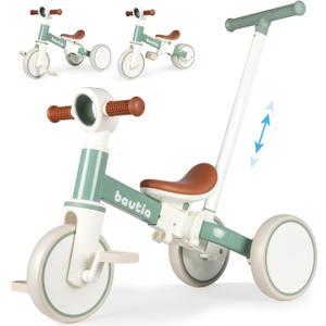 Bautia Kids Tricycle for Toddlers 1-3 with Push Handle, 5 in 1 Baby Balance Bike Toy for 1-4 Years Old Boys Girls Gift with Removable Pedals, Mint (No Parent Steering Version)