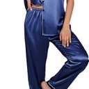 Ekouaer Silk Satin Pajamas Set Women Short Sleeve Sleepwear Soft Button Down Loungewear Pjs Set (Large, Navy Blue)