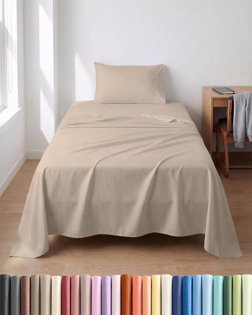 Lightweight 3 Piece Bed Sheet Set Twin Size - Cooling Sheets for Hot Sleepers - Soft Breathable Bedding Set w/ 8-16 Inch Deep Pockets - 1 Flat & 1 Fitted and 1 Pillowcase - Wrinkle Resistant - Wheat