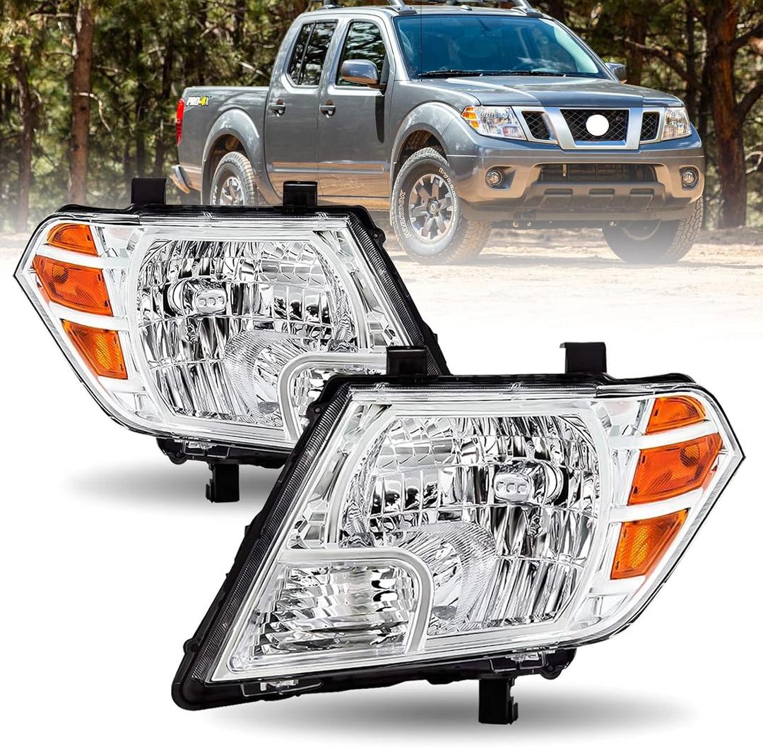 Headlight Compatible with 2009-2021 Nissan Frontier S SV PRO-4X SL SE LE,Chrome Housing Halogen Headlamp Replacement Driver & Passenger Side 26060-ZL40B 26010-ZL40B NI2502188 NI2503188 W/O Bulbs