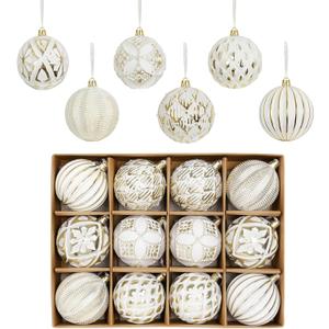 XmasExp Vintage Rustic Christmas Ball Ornaments Sets Neutral Christmas Ornaments Farmhouse Shatterproof Large Hanging Balls Tree Decorations for Xmas Xmas Home Party White Gold, 12Pcs