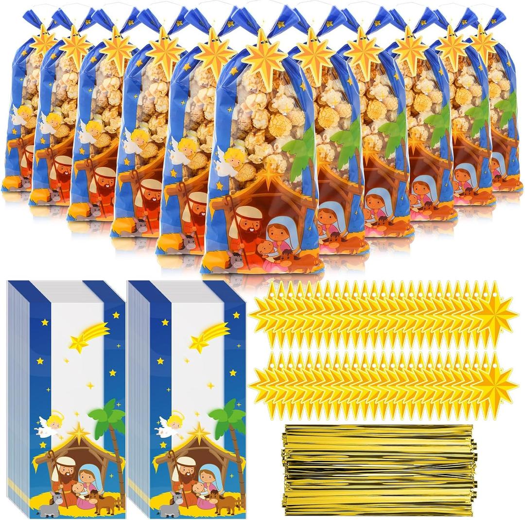 Gueevin 150 Set Christmas Nativity Gift Treat Bags Nativity Scene Goodie Candy Bag Bulk Xmax Religious Candy Bag with Twist Ties Cards Party Favors for Winter Xmax Party Supplies