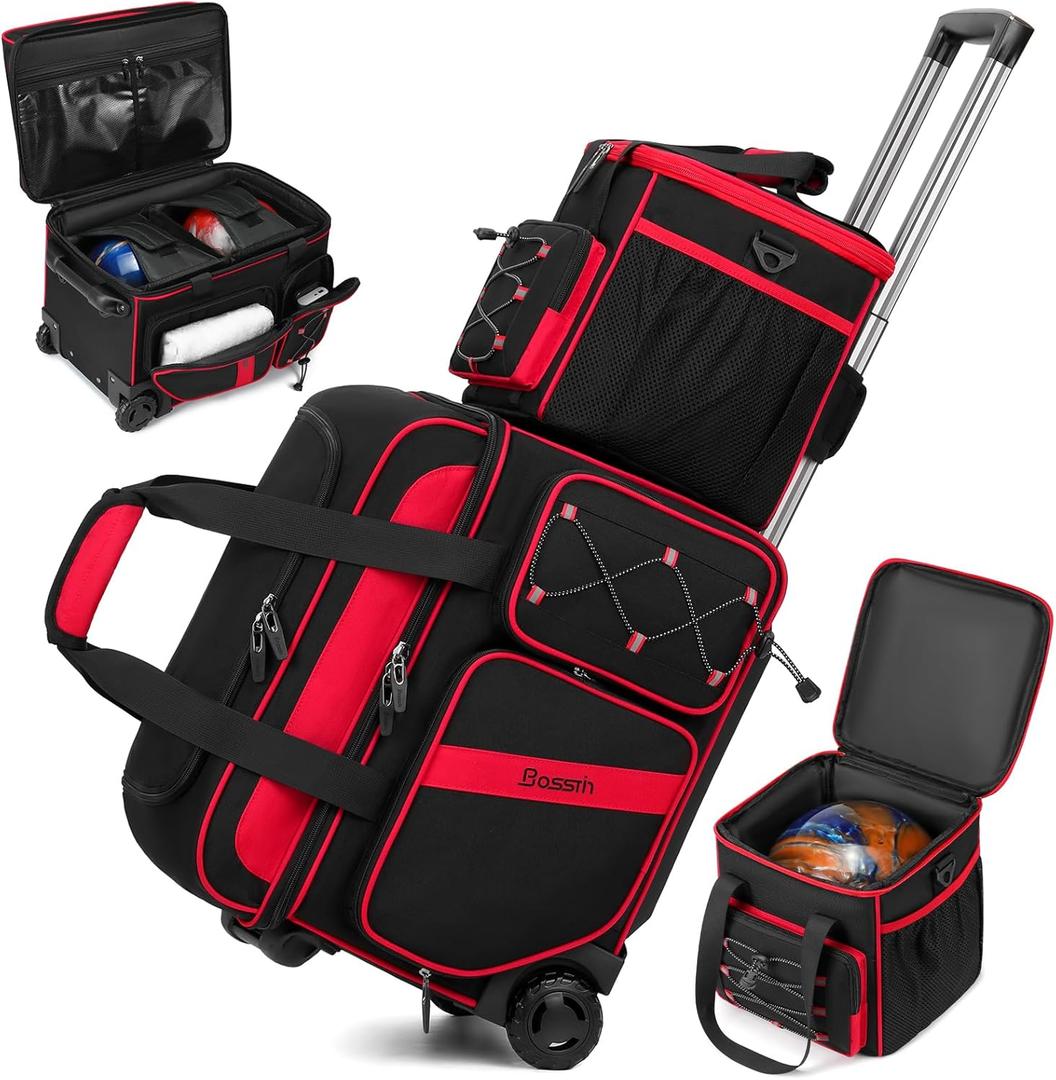 3 Ball Bowling Bag with Wheels, 2 Ball Bowling Bags Double roller with 1 Ball Add On Bag, Multi-Pockets & Shoe Compartment (Fits Up to Size 15) (Red)