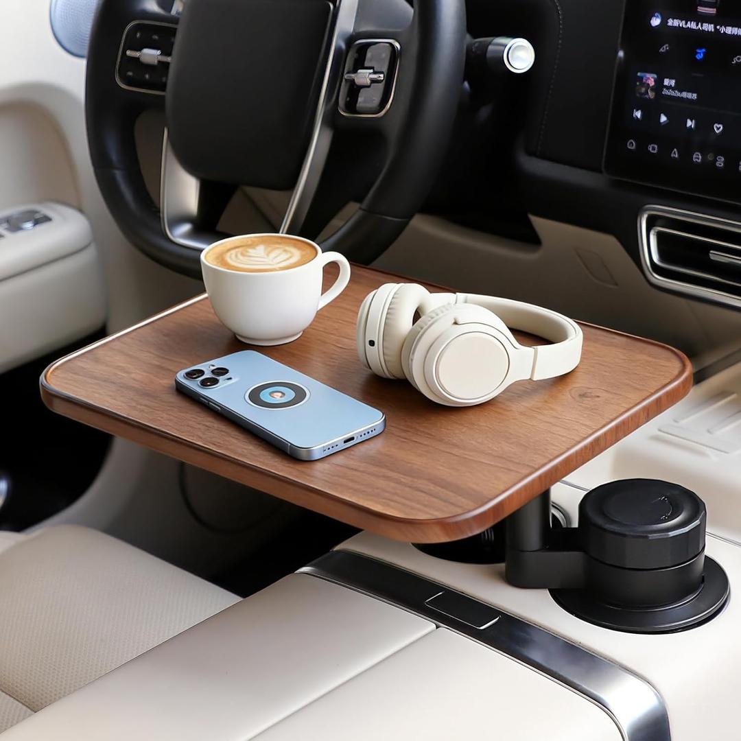 360 Rotating Wood Car Tray & Desk for Laptop - Steering Wheel Cup Holder Table, Car Accessories for Women & Men, Compatible with Tesla Model Y/3/S, Ford F150/Explorer/Maverick & Most Vehicles (Square Floating Table + Gap Storage (Walnut Color))