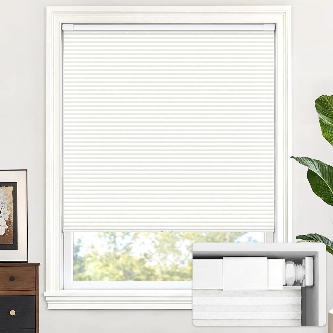 LazBlinds Cordless Cellular Shades, No Tools No Drill Light Filtering Honeycomb Shades Pleated Blinds for Windows, 35'' W x 48'' H, White
