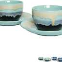 Bosmarlin Ceramic Cappuccino Cup and Saucer Set of 2, 10 Oz, Dishwasher and Microwave Safe, Coffee Cups for Latte, Espresso, Tea, Reavtive Glaze (Pastel Blue, 10 oz)